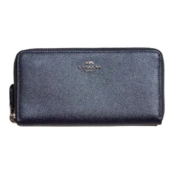 COACH Accordion Zip Cross-Stitch Leather Wallet Small Size Unisex Silver Multicolor Blue