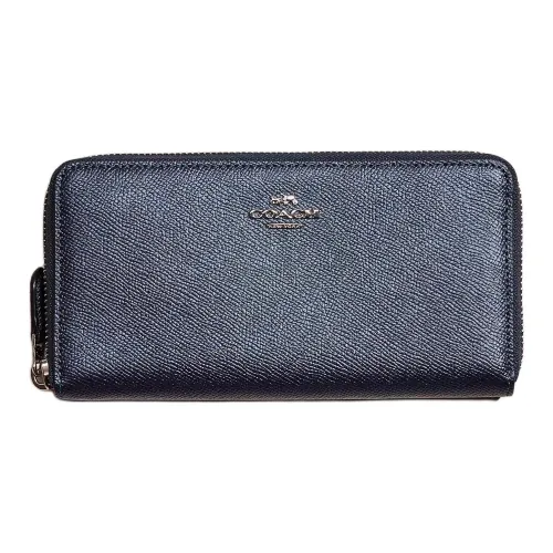 COACH Accordion Zip Cross-Stitch Leather Wallet Small Size Unisex Silver Multicolor Blue
