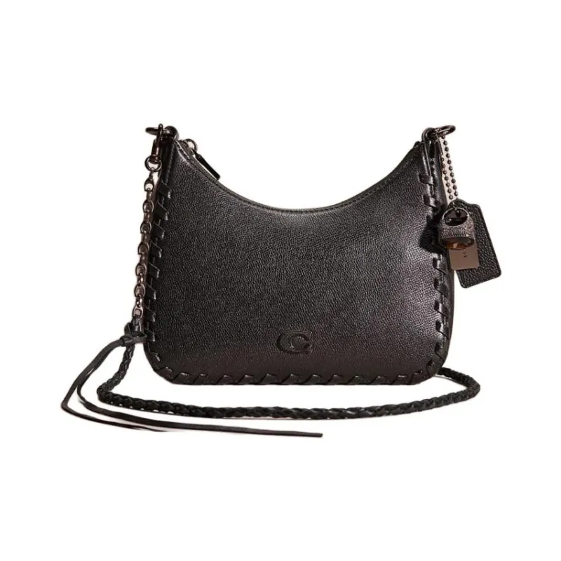 COACH Hobo Leather Paneled Canvas Crossbody Bag Small Size Unisex Black-0