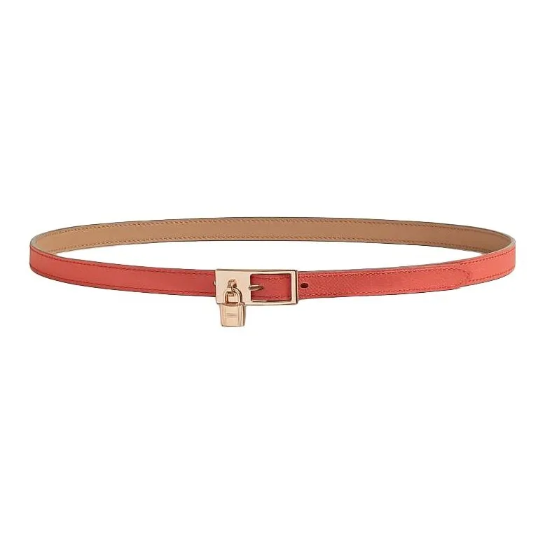 HERMES Brand Logo Rose Gold-Plated Leather Belts Unisex Brown/Red Width: 1.5cm-1