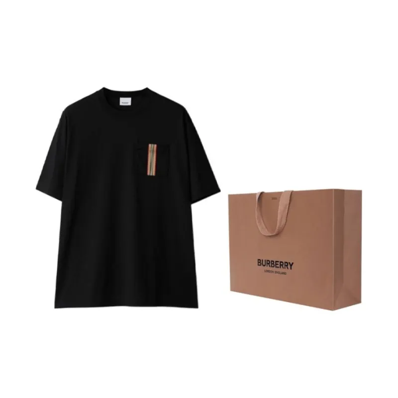 Burberry Stripe Trim Pocket Cotton T shirt-4