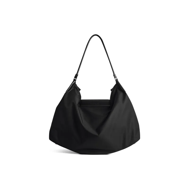 Balenciaga Nylon Bonded Smooth Cow Leather Handbag Shoulder Bag Large Size Women's Black-4