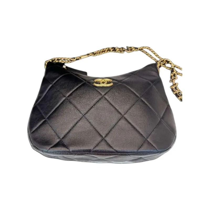 CHANEL Black Gold Smooth Cow Leather Hobo Bag, Hippie Bag, Handbag, Shoulder Bag Women's Black-2
