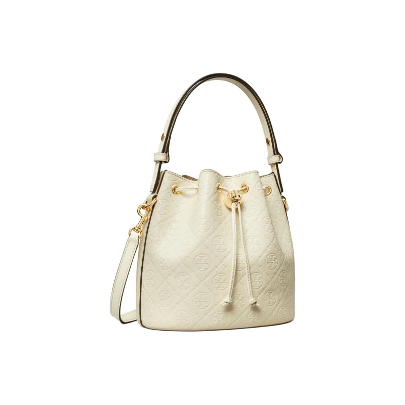 TORY BURCH T Monogram Leather Bucket Bag, Shoulder Bag, Crossbody Bag, Handbag Women's Light Cream-1