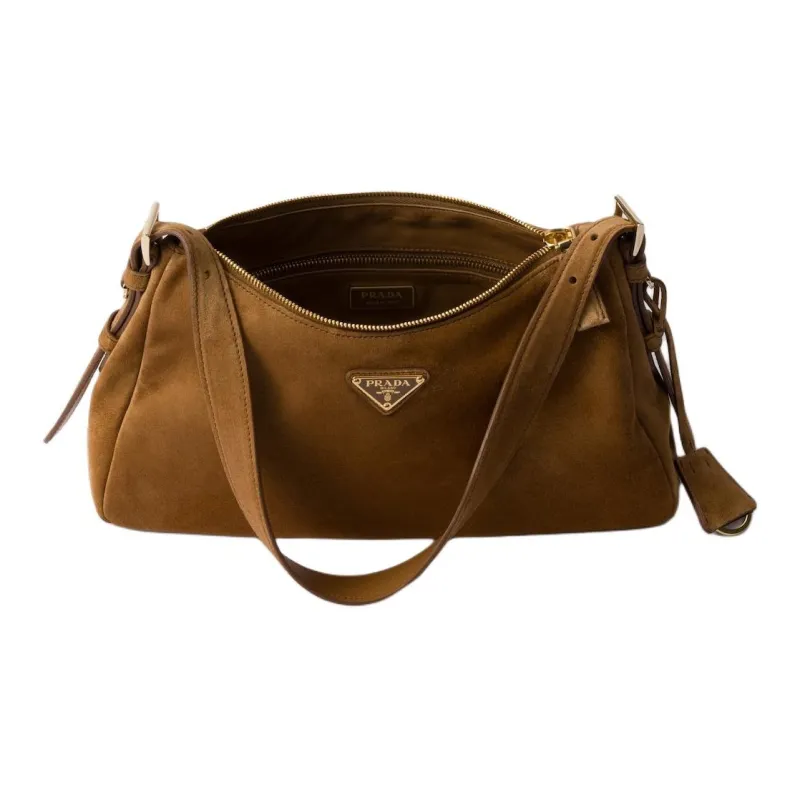 PRADA Suede Handbag Shoulder Bag Medium Size Women's Cinnamon Brown-4