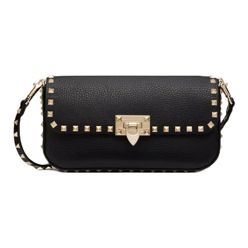 Valentino ROCKSTUD Grained Calfskin Shoulder Bag Crossbody Bag Women's Black-0