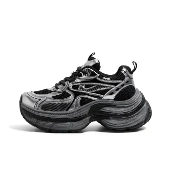 HUANQIU Cushioned Wear Resistant Breathable Low Top Chunky Sneakers Women's Black Silver