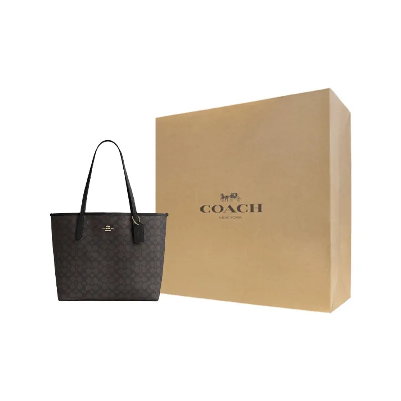 COACH City PVC With Leather Tote Bag, Shopping Bag, Shoulder Bag, Handbag Large Size Women's Black & Brown-4