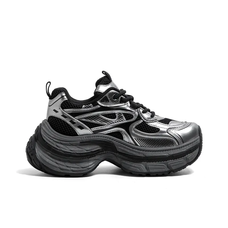 HUANQIU Cushioned Wear Resistant Breathable Low Top Chunky Sneakers Women's Black Silver-1