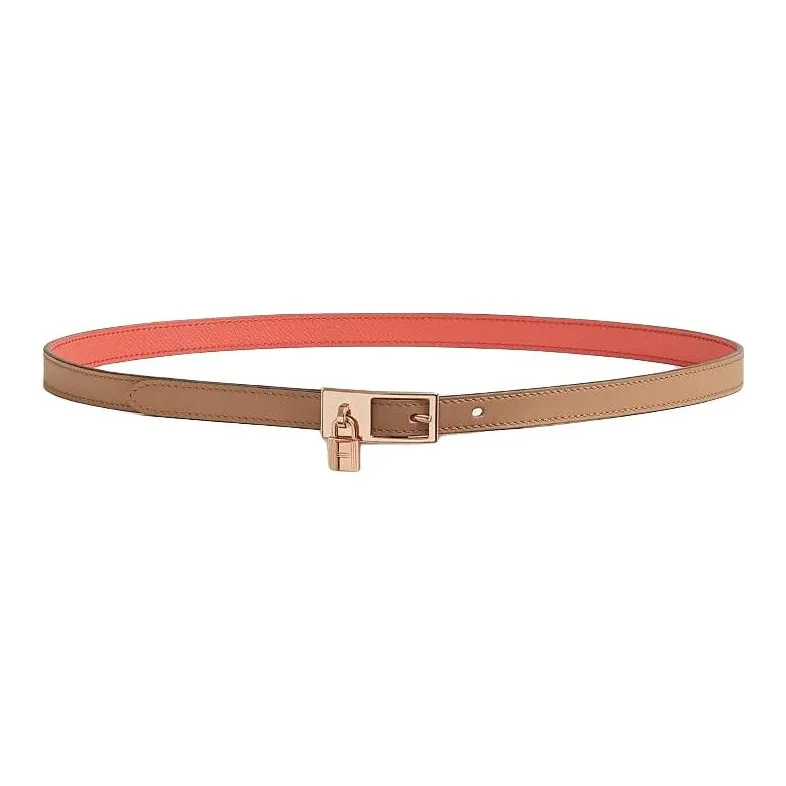 HERMES Brand Logo Rose Gold-Plated Leather Belts Unisex Brown/Red Width: 1.5cm-0