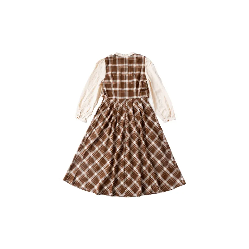 HONGNIAN Long Sleeved Dresses Women's Khaki Plaid-1