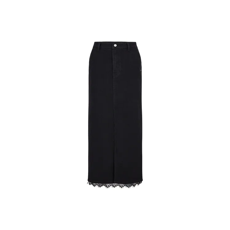 URBAN REVIVO Denim Long Skirt Women's Black-1