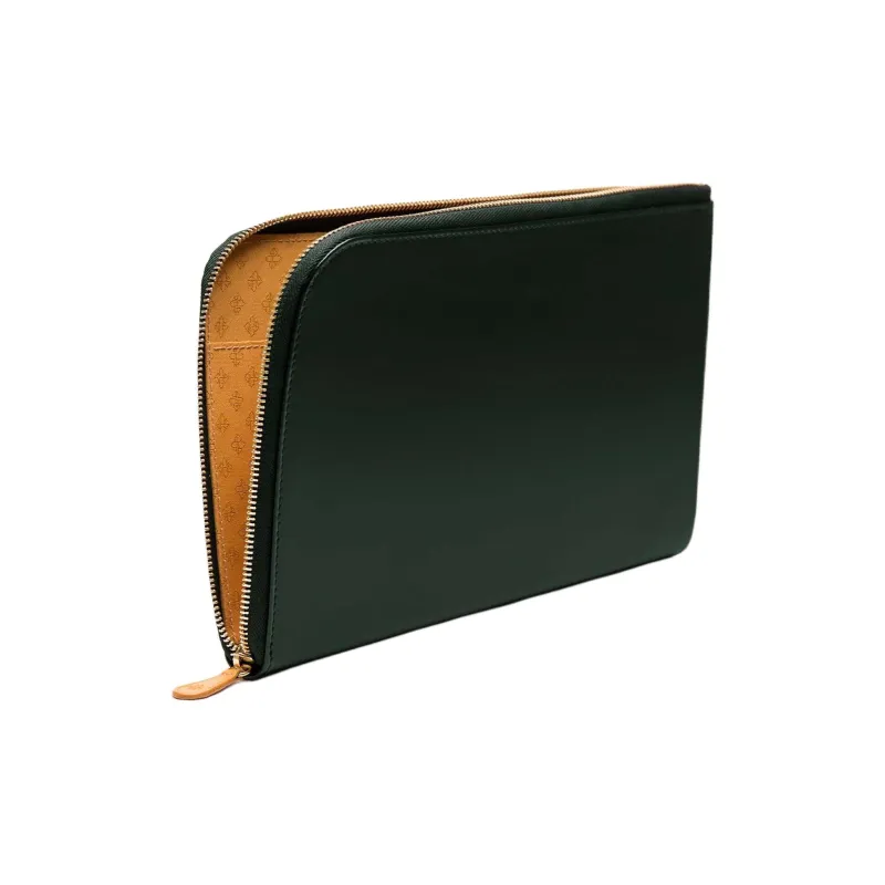 ETTINGER Leather Clutch Large Size Unisex Green & Tan-2