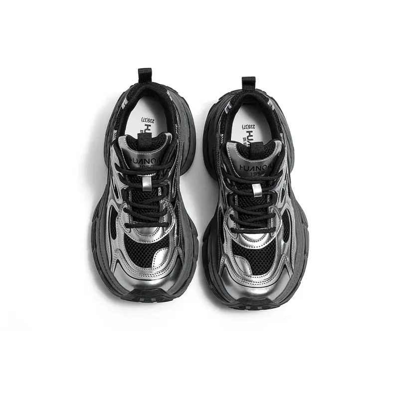 HUANQIU Cushioned Wear Resistant Breathable Low Top Chunky Sneakers Women's Black Silver-3