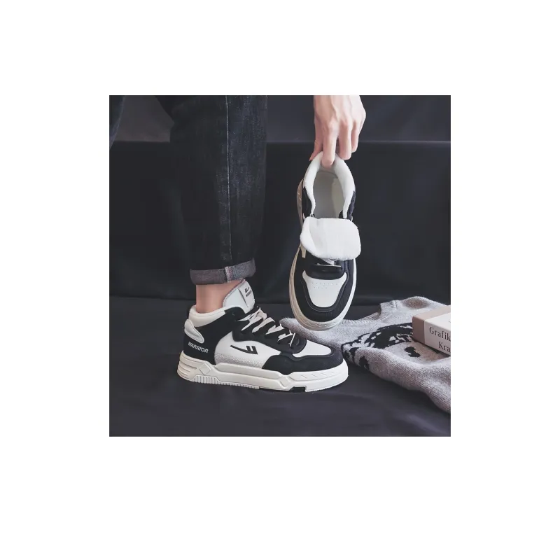 Warrior Thickened And Fleece-Lined Cotton Blend Warm And Lightweight High-Top Skateboard Shoes Unisex Black Beige-5