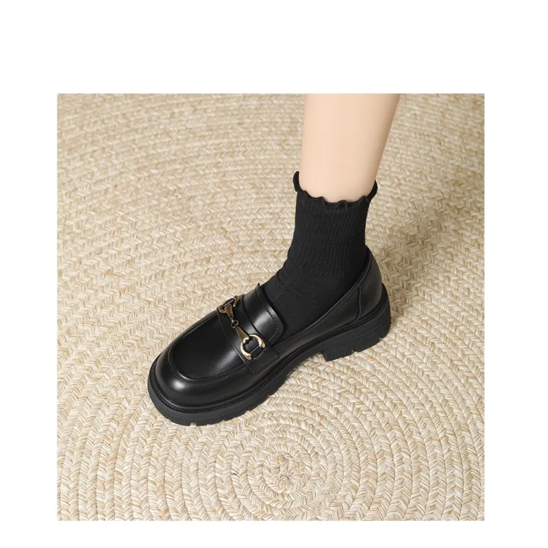 JOSINY British Style Platform Slip-on Small Leather Shoes Loafers 4cm Women's Black-6