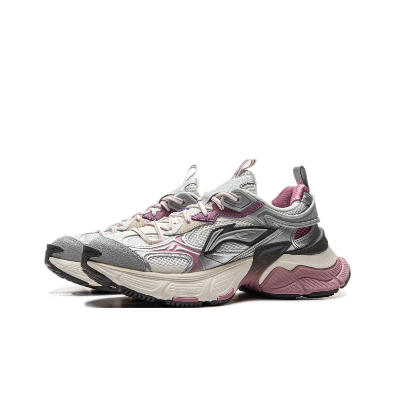 LiNing Star Cushioning Abrasion Resistant Breathable Low Top Chunky Sneakers Women's Silver White Purple-2