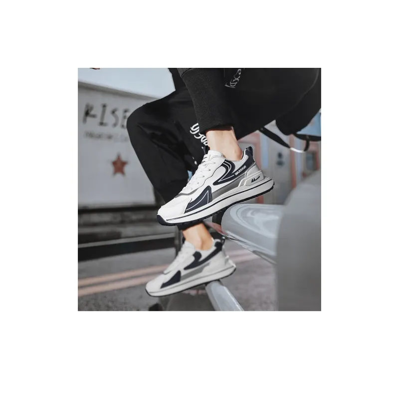 Warrior Cushioning, Slip Resistant, Abrasion Resistant, Height Increasing Low Top Chunky Sneakers Men's White Blue-5