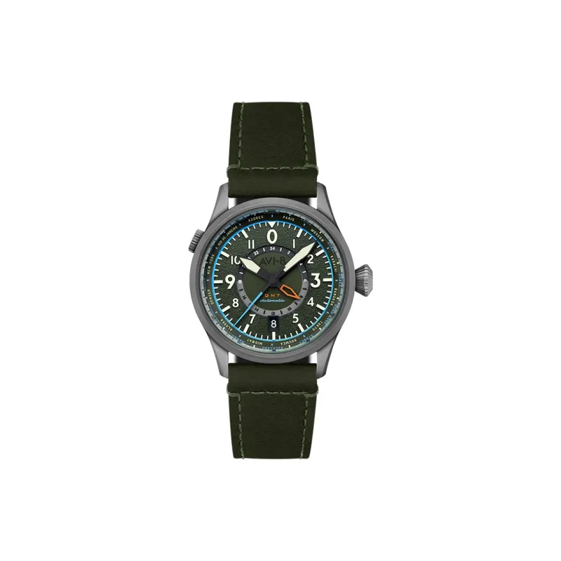 AVI 8 FLYBOY Collection Wrist Watch Automatic Mechanical Movement Genuine Leather Strap Green Dial Men's Watches-1