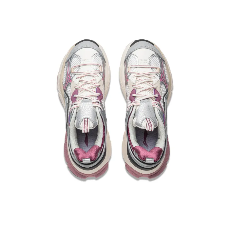 LiNing Star Cushioning Abrasion Resistant Breathable Low Top Chunky Sneakers Women's Silver White Purple-3