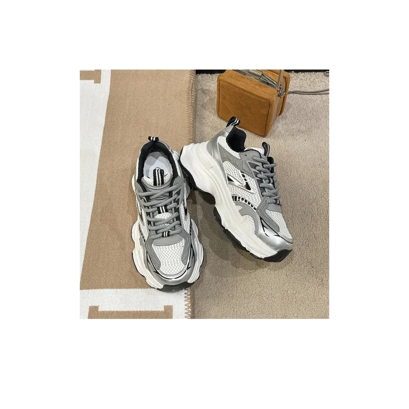CHERRY&KALIKA Cushioning Anti Slip Wear Resistant Breathable Height Increasing Low Top Chunky Sneakers Women's Silver-6
