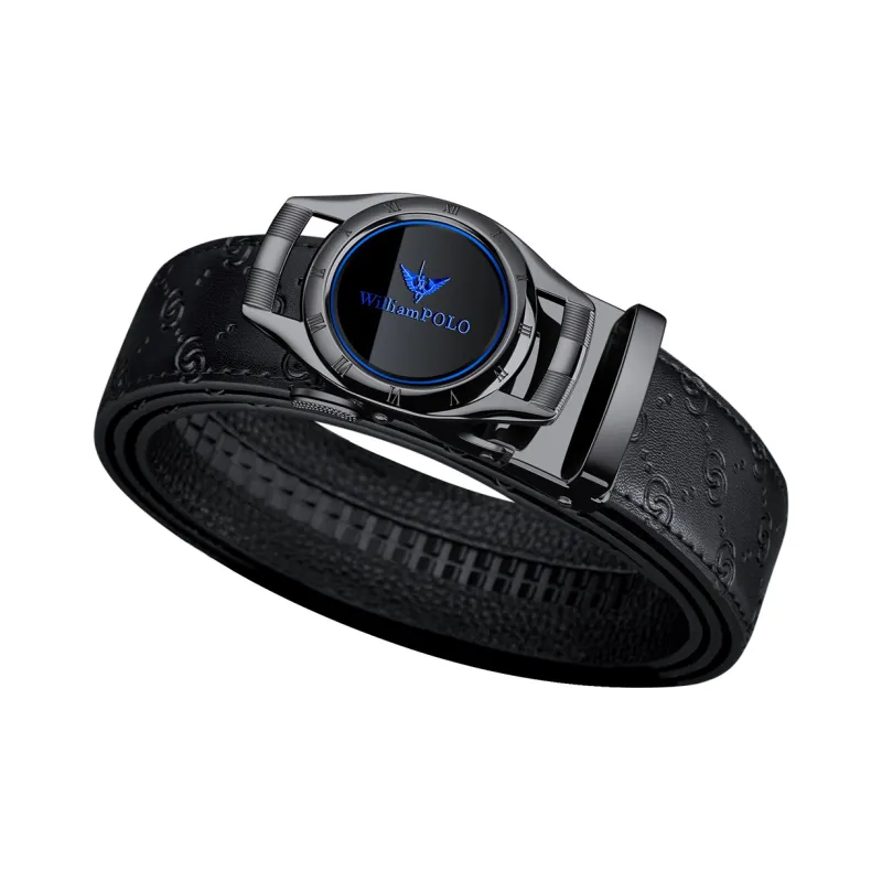 WilliamPOLO Surface Cow Split Leather Sole Cow Leather Leather Belts Men's Gunmetal Buckle Blue Logo 3.5cm-1