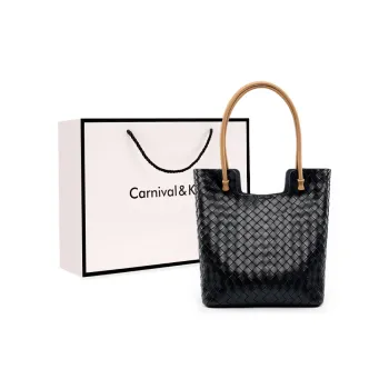 Carnival Keep Cow Leather Tote Handbag Shopping Bag Large Size Women's Black/Ecru