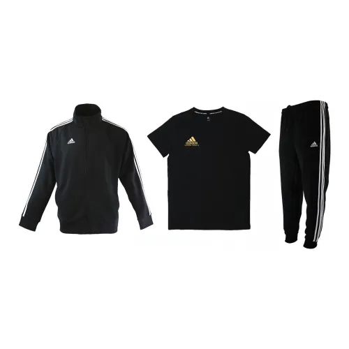 Adidas Casual Sportswear Men Set Black Base With White Stripes Coats+Black Gold Logo T-Shirts+Black Pants