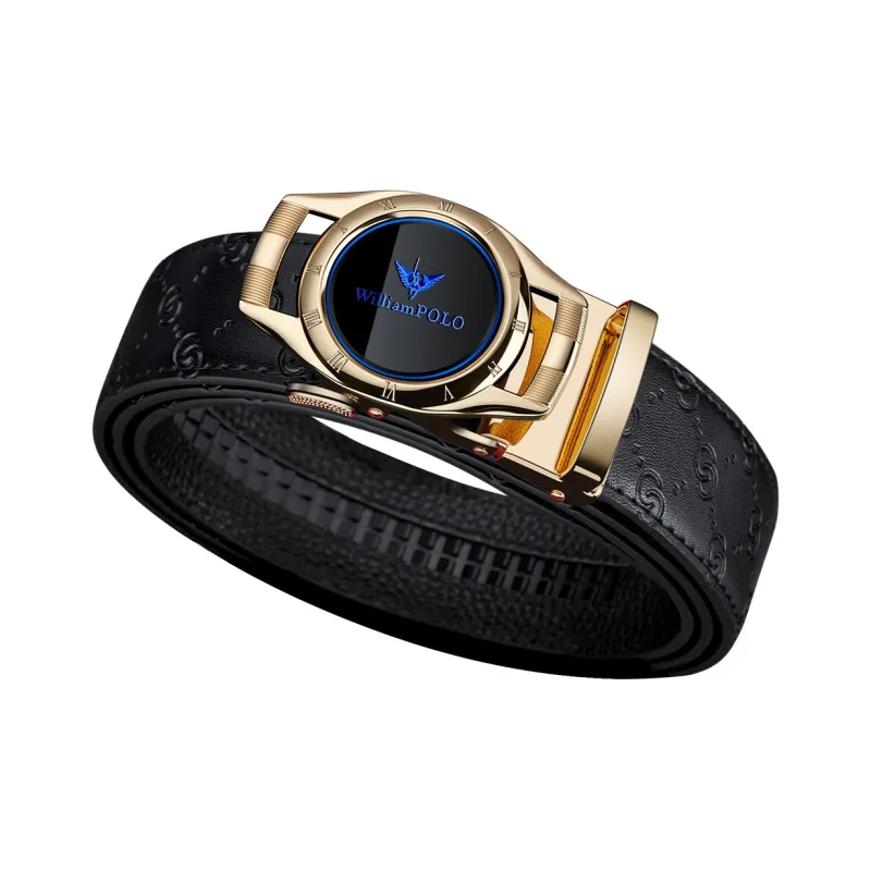WilliamPOLO Cow Leather Leather Belts Men's Gold Tone Lock Blue Logo Width  3.5cm-1