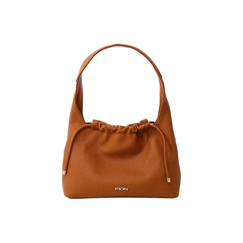 FION Cow Leather One Shoulder Handbags Medium Size Women's Light Khaki/Caramel Brown-4