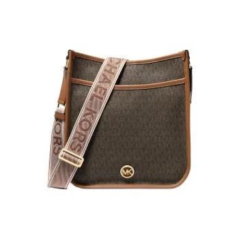 MICHAEL KORS Coated Canvas Shoulder Bag Crossbody Bag Large Size Women's Dark Brown & Leather Brown