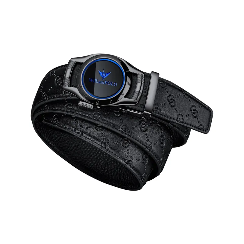 WilliamPOLO Surface Cow Split Leather Sole Cow Leather Leather Belts Men's Gunmetal Buckle Blue Logo 3.5cm-2