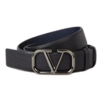 Valentino Badge Design Leather Leather Belts Men's Black/Blue Width  3CM