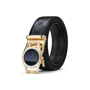 WilliamPOLO Cow Leather Leather Belts Men's Gold Tone Lock Blue Logo Width  3.5cm