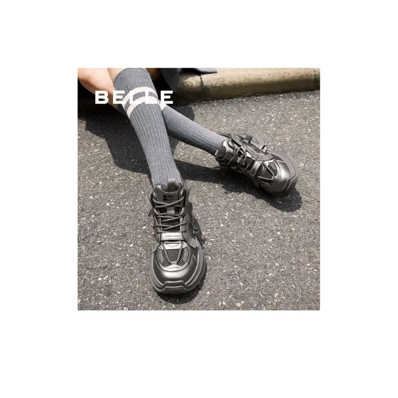 BELLE Height Increasing Wear-Resistant Slip-Resistant Mid-Top Chunky Sneakers Women's Gray Black-6