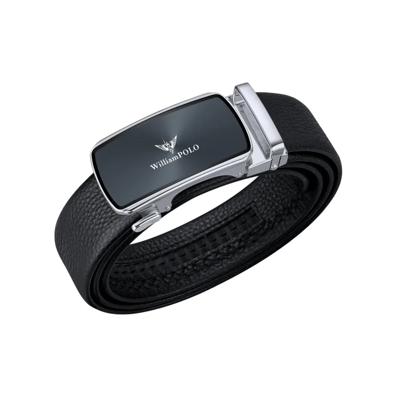 WilliamPOLO Cow Leather Leather Belts Men's Silver Buckle Silver Logo Width  3.5cm-2