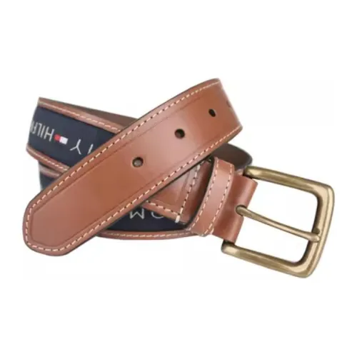 Tommy Hilfiger Badge Embroidery Pin Buckle Leather Belts Men's Brown/Blue Width: 3.5cm