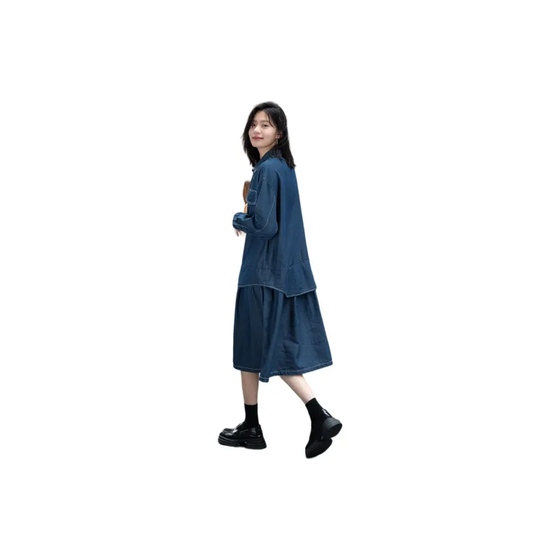 【dme】 Long Sleeved Dress Women's Denim Blue-1