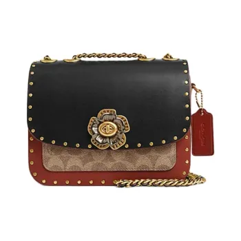 COACH Madison Shoulder Bag Tea Rose Turnlock Rivets & Snakeskin Details Women's Black/Red