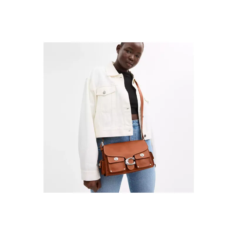 COACH CargoSoft Tabby Grain Leather Shoulder Bag Biker, One Shoulder Handbag Medium Size Women's Red Brown-1