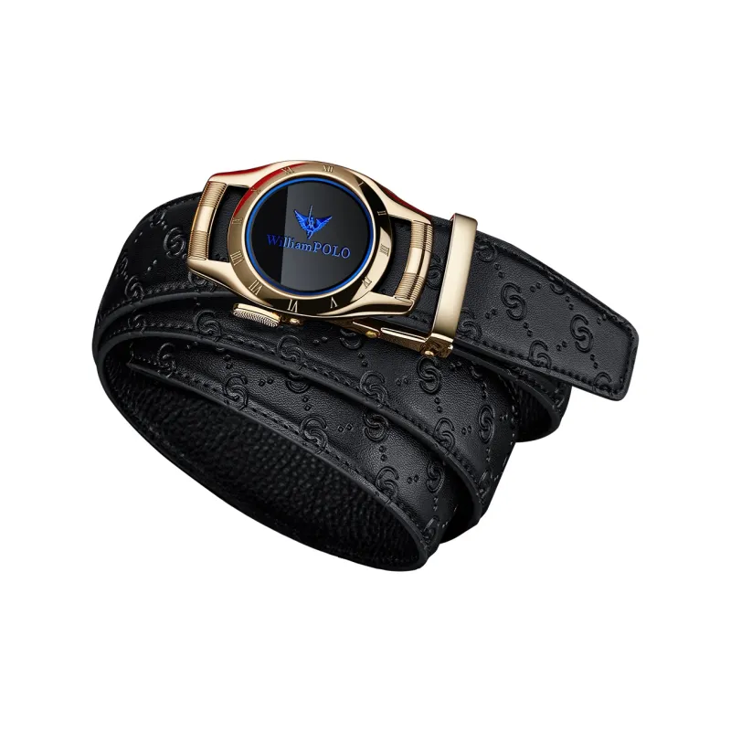WilliamPOLO Cow Leather Leather Belts Men's Gold Tone Lock Blue Logo Width  3.5cm-2