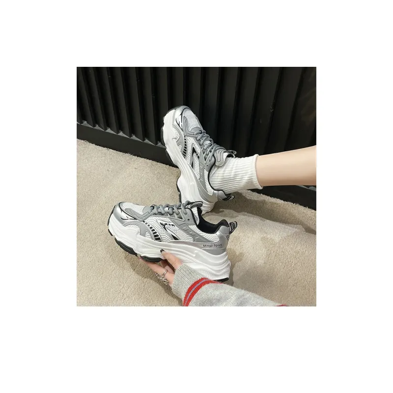 CHERRY&KALIKA Cushioning Anti Slip Wear Resistant Breathable Height Increasing Low Top Chunky Sneakers Women's Silver-2
