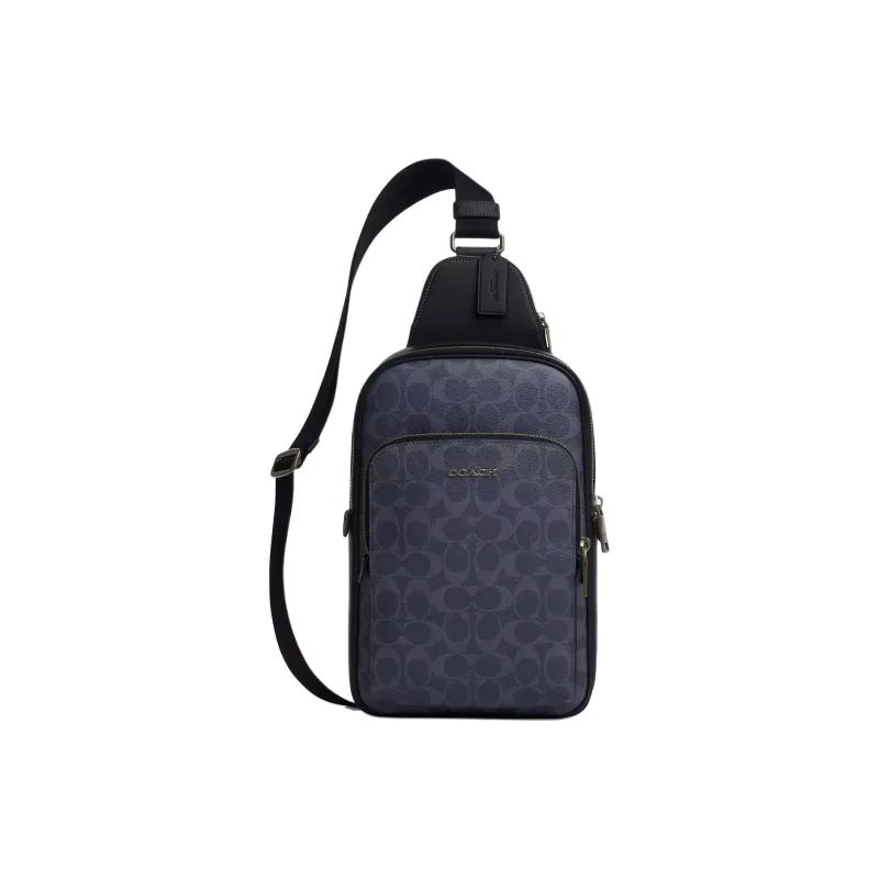 COACH ETHAN Iconic Denim With Smooth Calfskin One Shoulder Crossbody Sling Bags Small Size Men's Bronze & Midnight Navy-0
