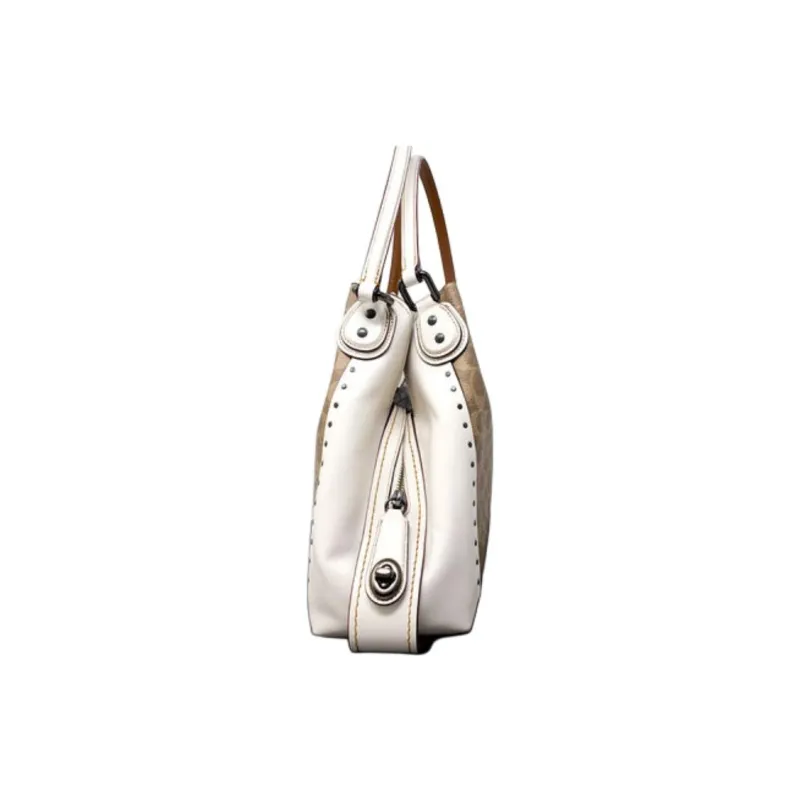 COACH Edie Canvas With Calfskin Tote Bag, Shopping Bag, Handbag, Shoulder Bag Women's Brown & White-1