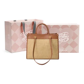 Simedin Cow Leather With Straw Woven One Shoulder Handbag Women's Caramel Brown