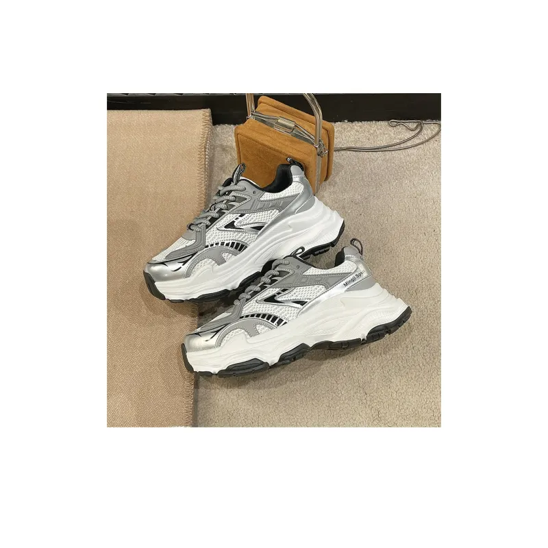 CHERRY&KALIKA Cushioning Anti Slip Wear Resistant Breathable Height Increasing Low Top Chunky Sneakers Women's Silver-5