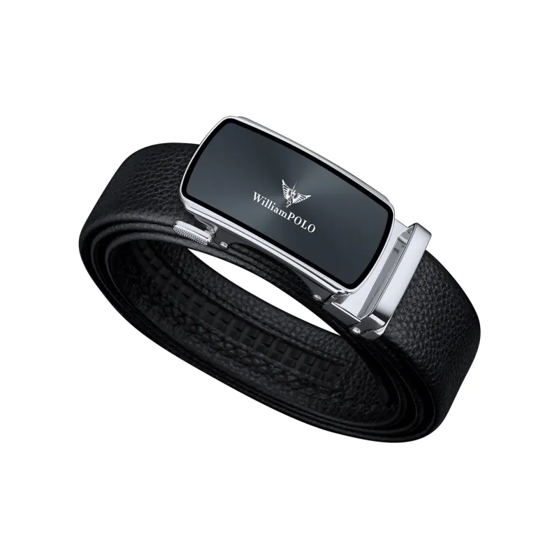 WilliamPOLO Cow Leather Leather Belts Men's Silver Buckle Silver Logo Width  3.5cm-1