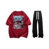 Set (Burgundy Short-Sleeved+Black Casual Pants)