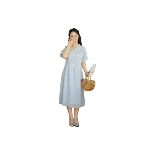 DAMABAIFENBAI Short-Sleeved Dresses Women's Elegant Blue