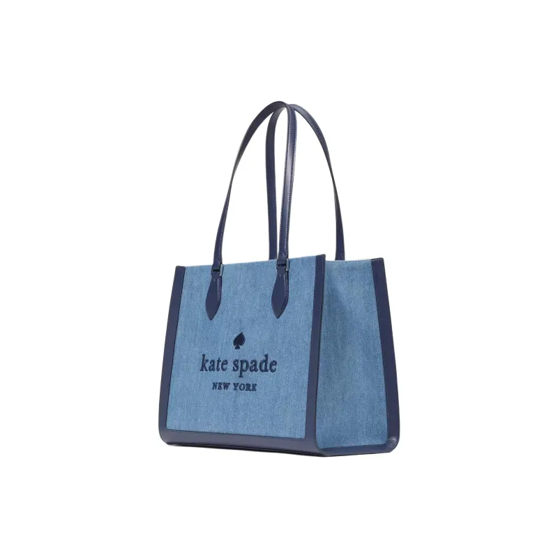 Kate Spade Denim With Leather Tote Bag Shopping Bag Shoulder Bag Handbag Large Size Women's Blue Multicolor-1
